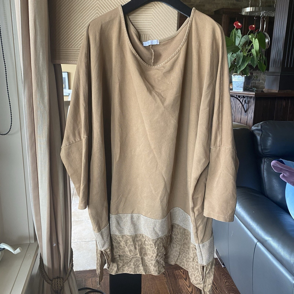 Vintage 1980s Women XXL brown Tunic Blouse Top Cotton lagenlook Art Made Italy